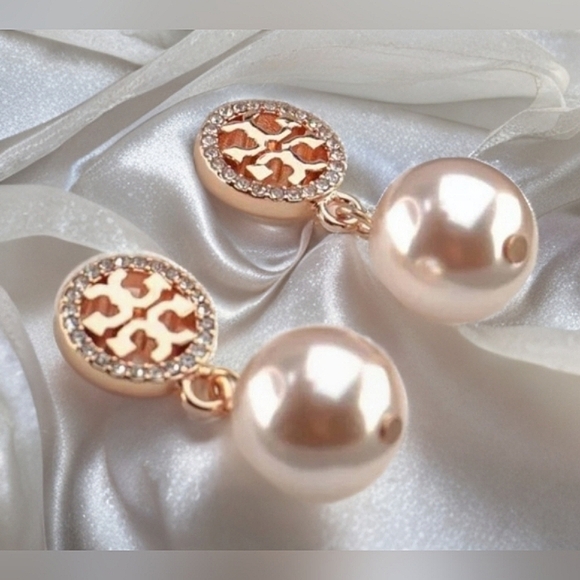 Tory Burch Rose Gold Crystal Pearl Drop Earrings - Picture 3 of 5